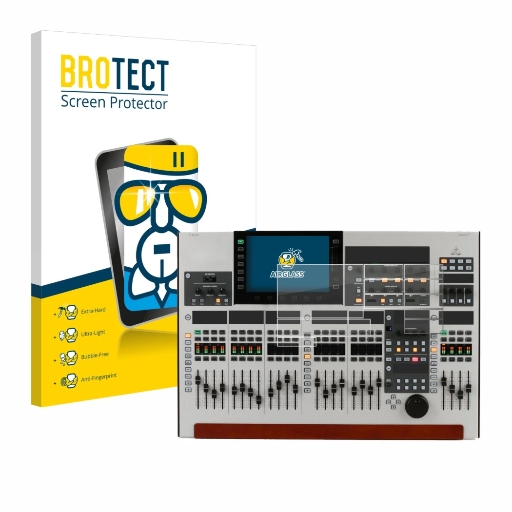 Parte frontal de un envase de producto con el logotipo de la marca BROTECT. Al lado se muestra el dispositivo Behringer Wing (