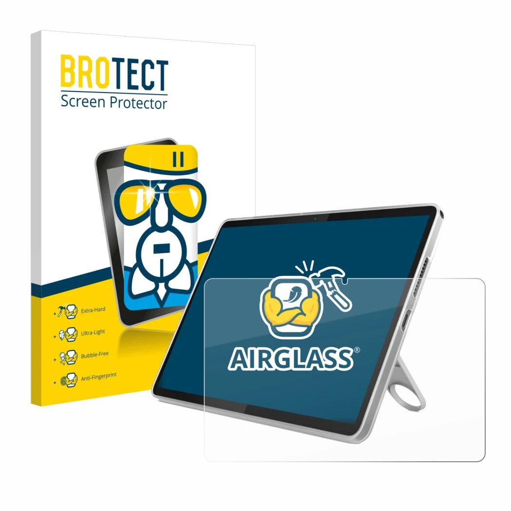 Parte frontal de un envase de producto con el logotipo de la marca BROTECT. Al lado se muestra el dispositivo Lenovo Tab 10.1