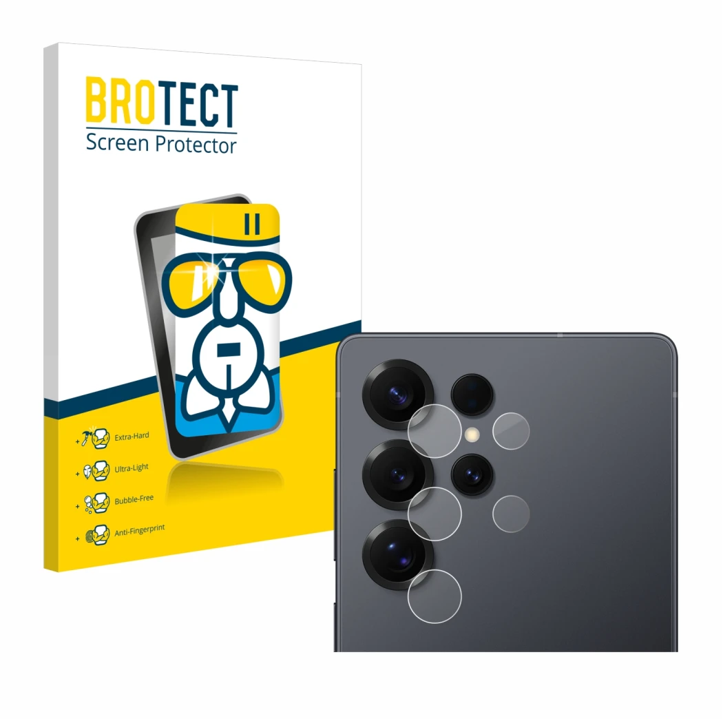 Parte frontal de un envase de producto con el logotipo de la marca BROTECT. Al lado se muestra el dispositivo Samsung Galaxy S