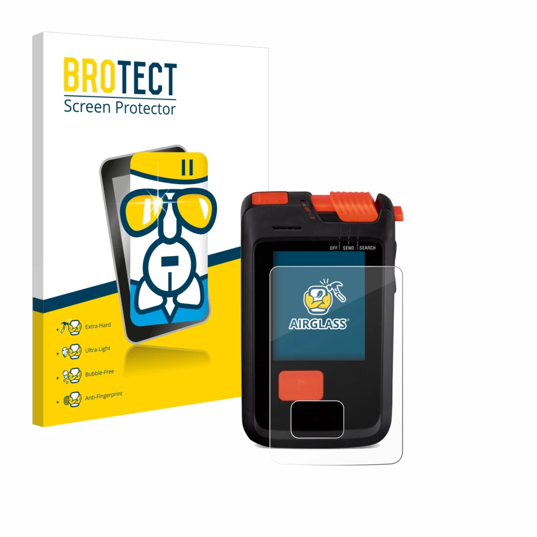 Parte frontal de un envase de producto con el logotipo de la marca BROTECT. Al lado se muestra el dispositivo Mammut Barryvox 