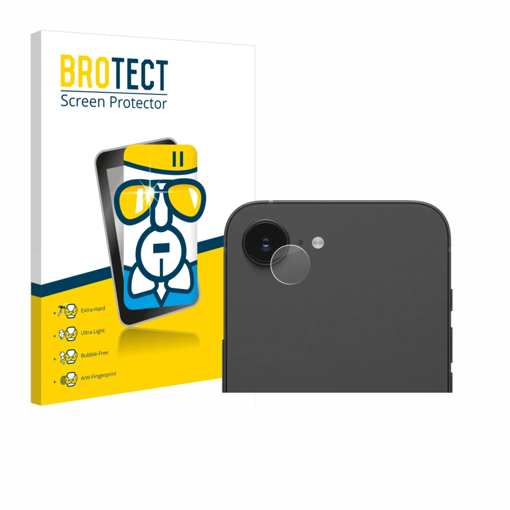 Parte frontal de un envase de producto con el logotipo de la marca BROTECT. Al lado se muestra el dispositivo Apple iPhone 16e