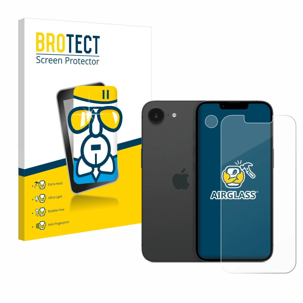 Parte frontal de un envase de producto con el logotipo de la marca BROTECT. Al lado se muestra el dispositivo Apple iPhone 16e