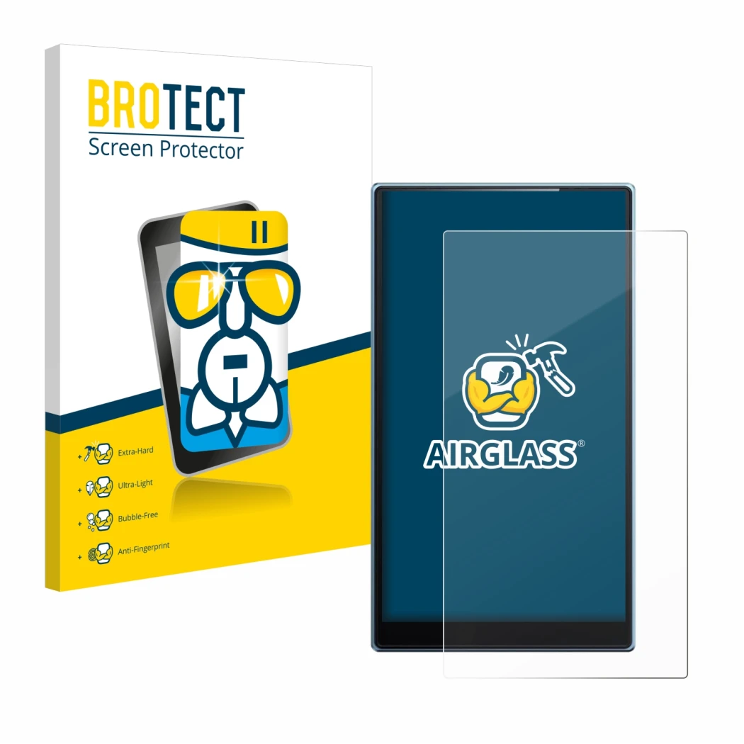 Parte frontal de un envase de producto con el logotipo de la marca BROTECT. Al lado se muestra el dispositivo FiiO JM21 con su