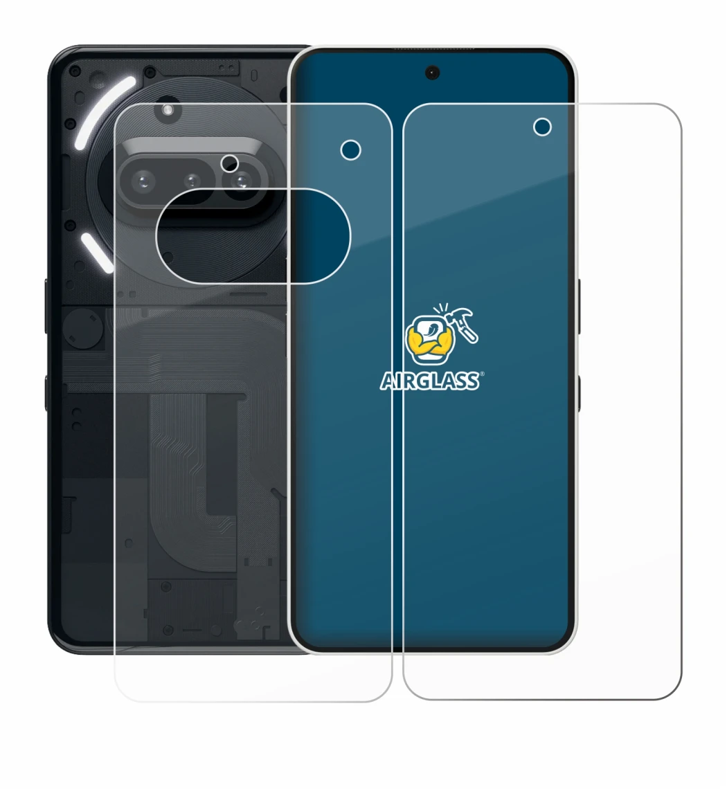 Imagen del dispositivo Nothing Phone (3a) (Frontal+Trasero) con una amplia variedad de protectores de pantalla.