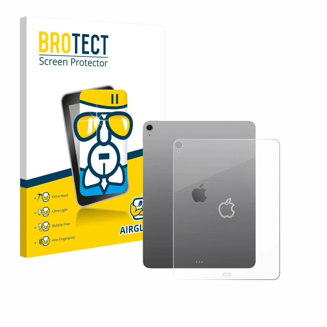 Parte frontal de un envase de producto con el logotipo de la marca BROTECT. Al lado se muestra el dispositivo Apple iPad Air 1