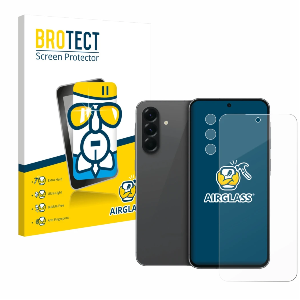 Parte frontal de un envase de producto con el logotipo de la marca BROTECT. Al lado se muestra el dispositivo Samsung Galaxy A
