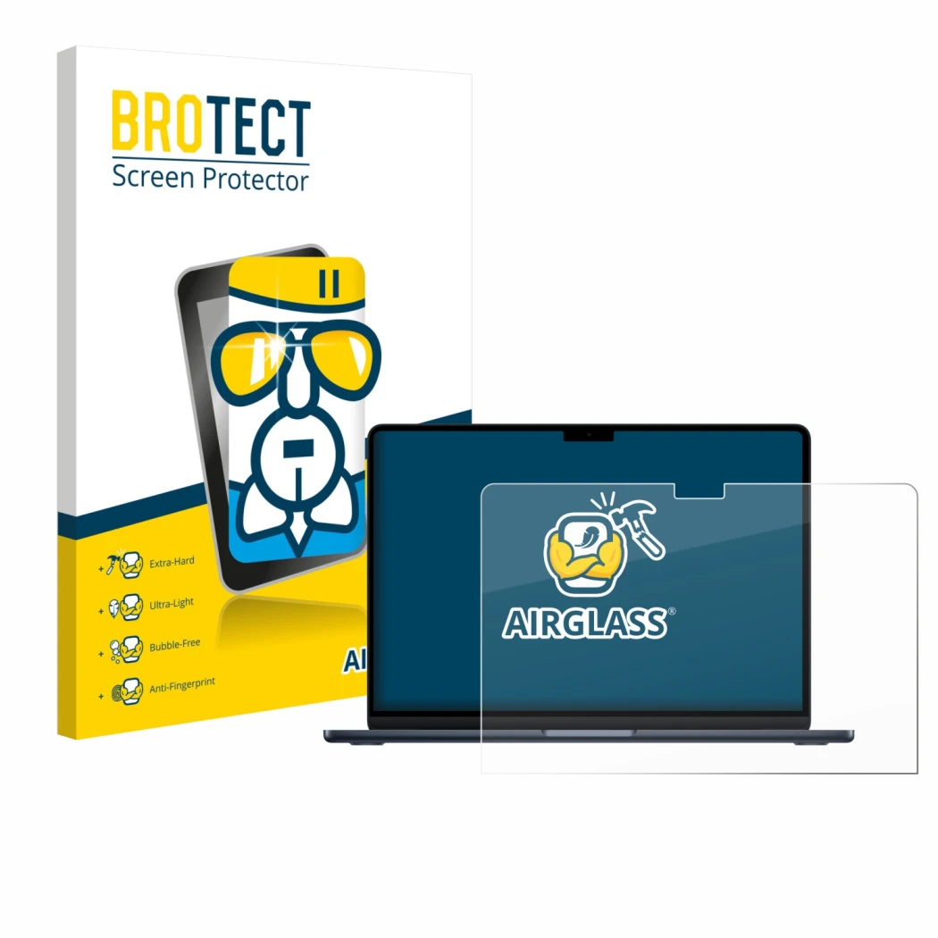 Parte frontal de un envase de producto con el logotipo de la marca BROTECT. Al lado se muestra el dispositivo Apple MacBook Ai