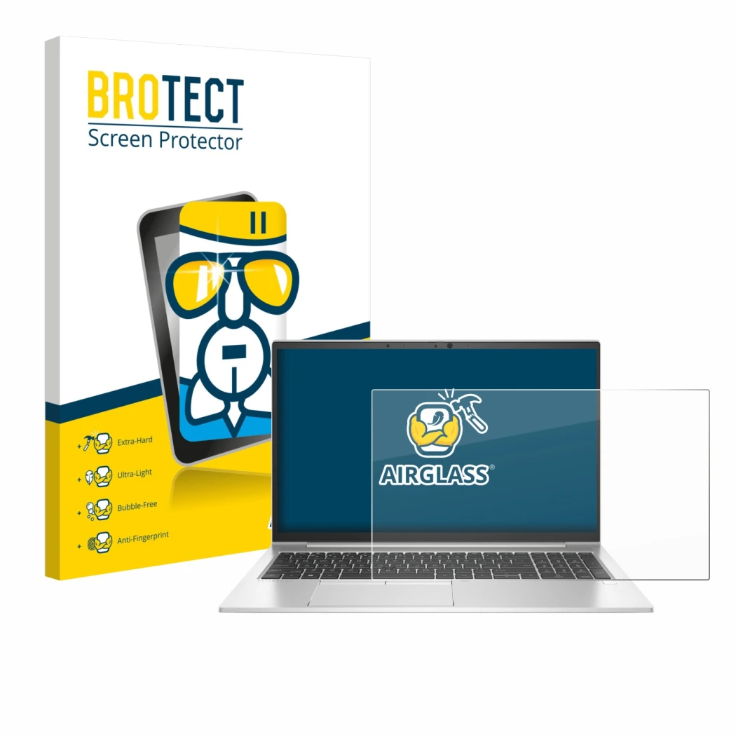 Parte frontal de un envase de producto con el logotipo de la marca BROTECT. Al lado se muestra el dispositivo HP EliteBook 855