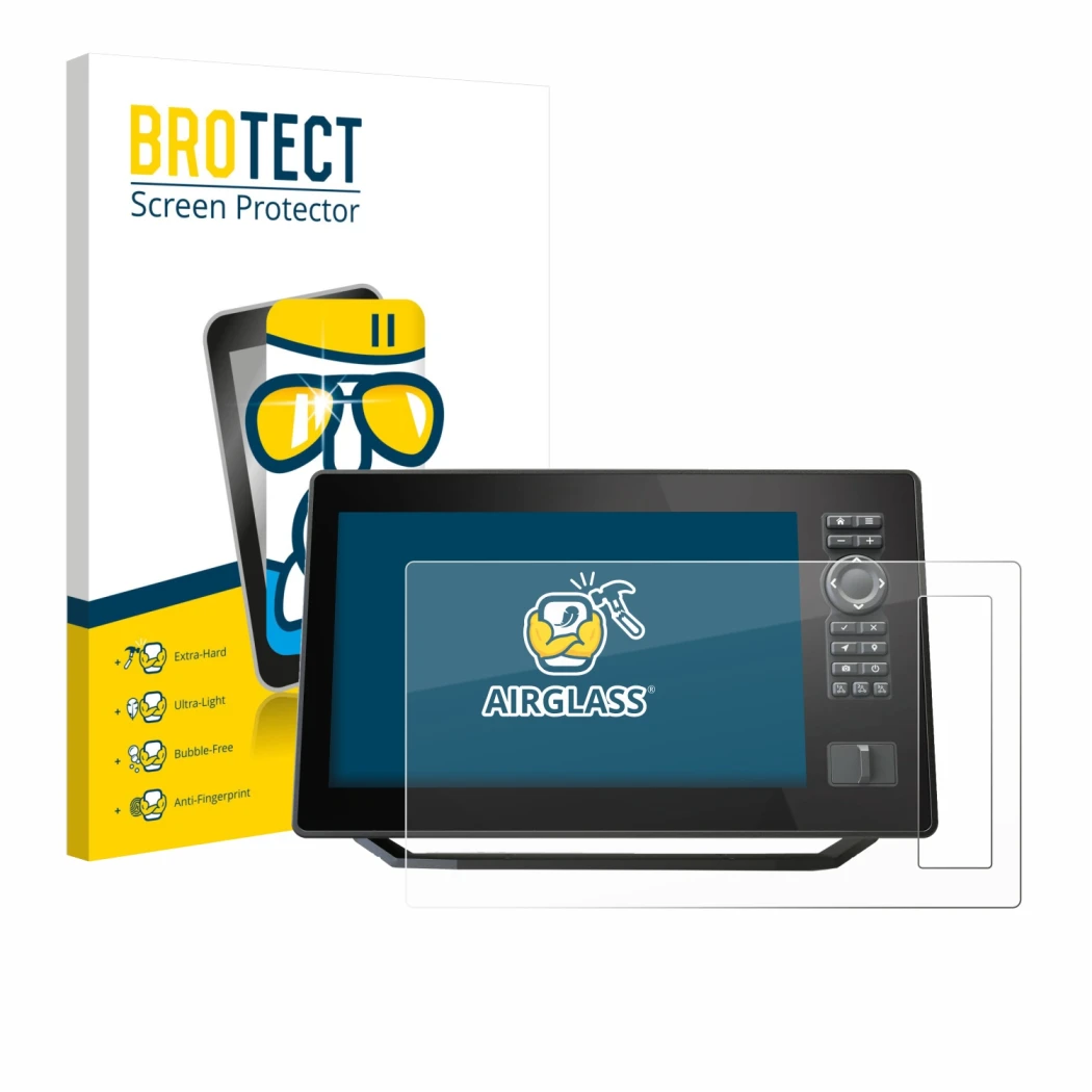 Parte frontal de un envase de producto con el logotipo de la marca BROTECT. Al lado se muestra el dispositivo Humminbird Xplor