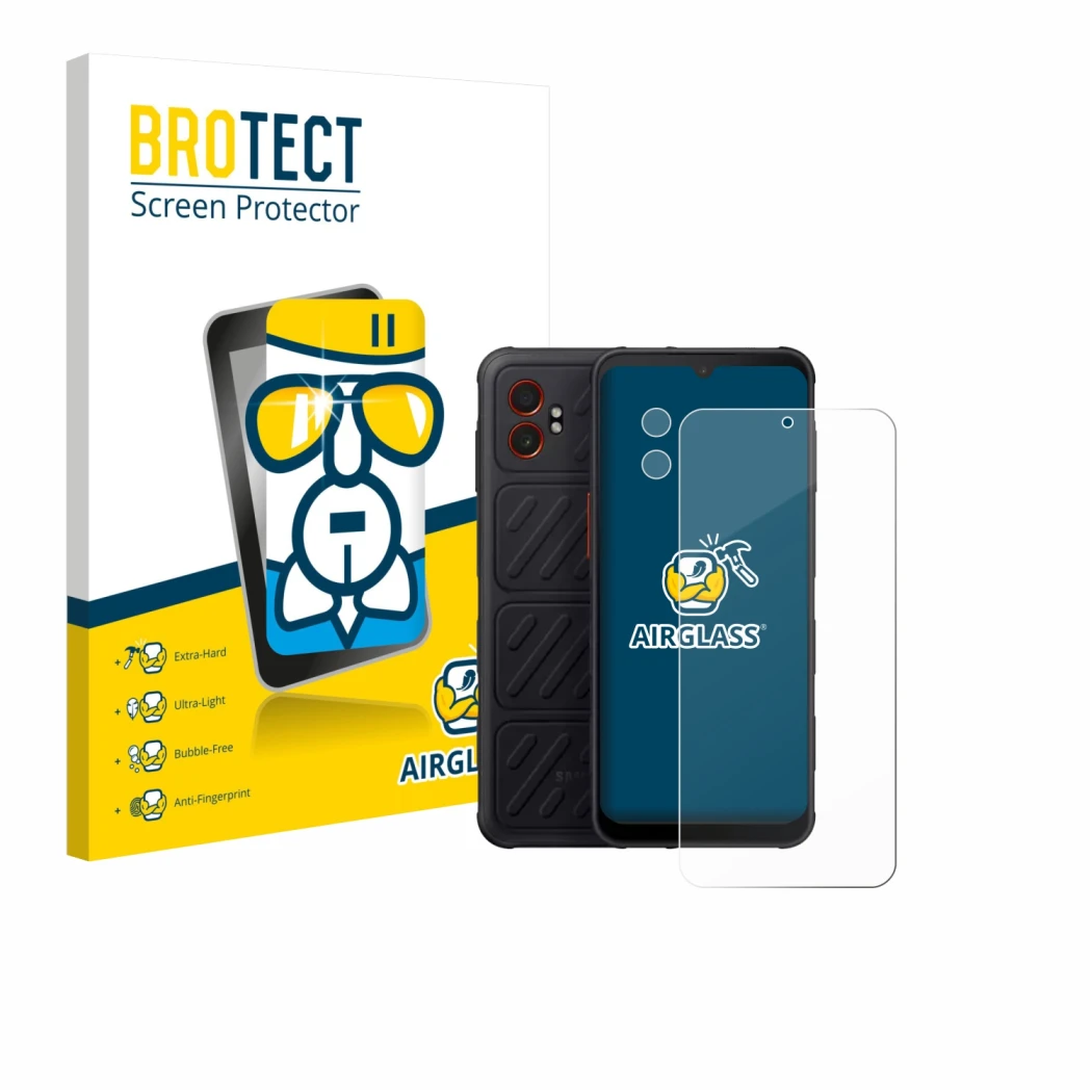 Parte frontal de un envase de producto con el logotipo de la marca BROTECT. Al lado se muestra el dispositivo Samsung Galaxy X