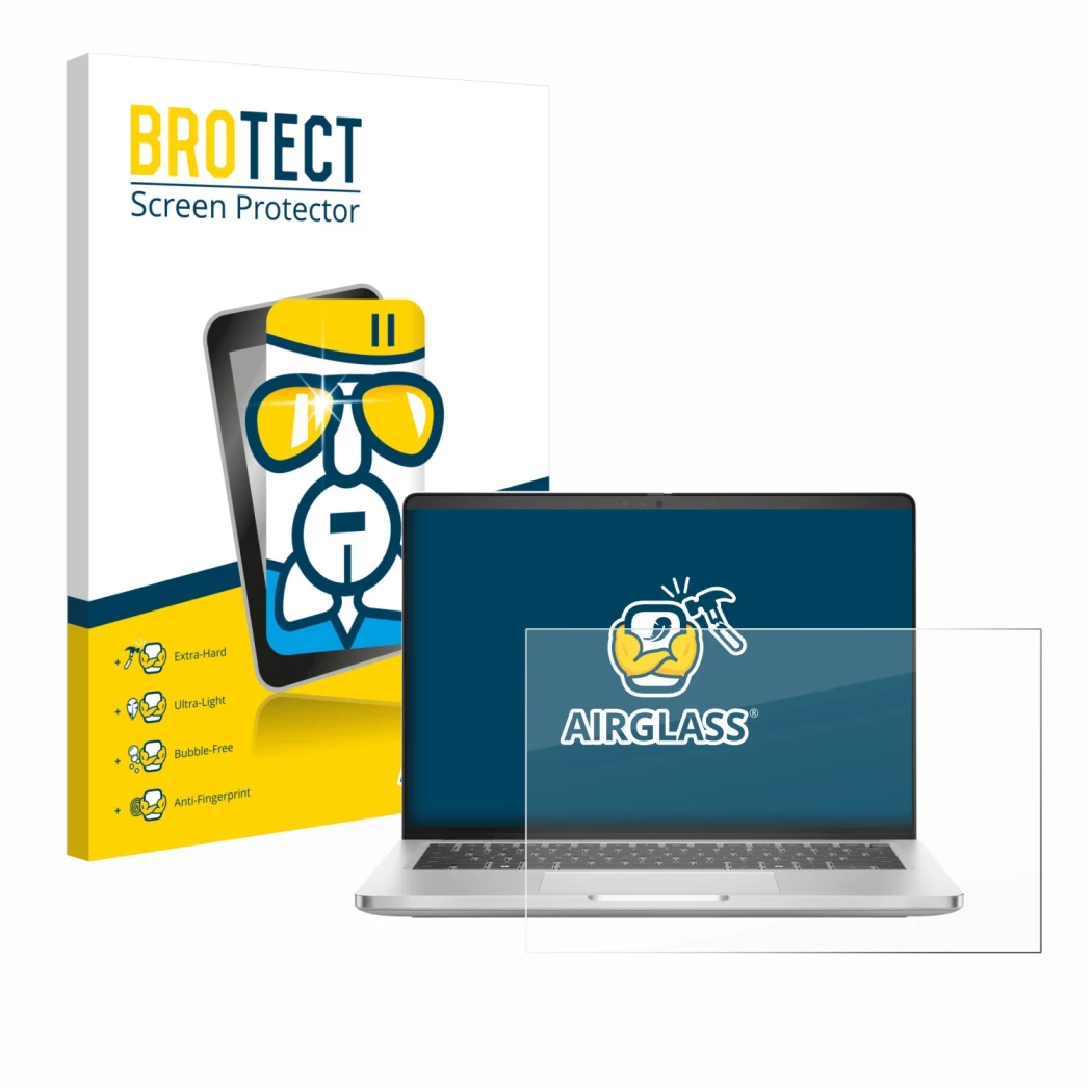 Parte frontal de un envase de producto con el logotipo de la marca BROTECT. Al lado se muestra el dispositivo Dell Pro 14 Plus