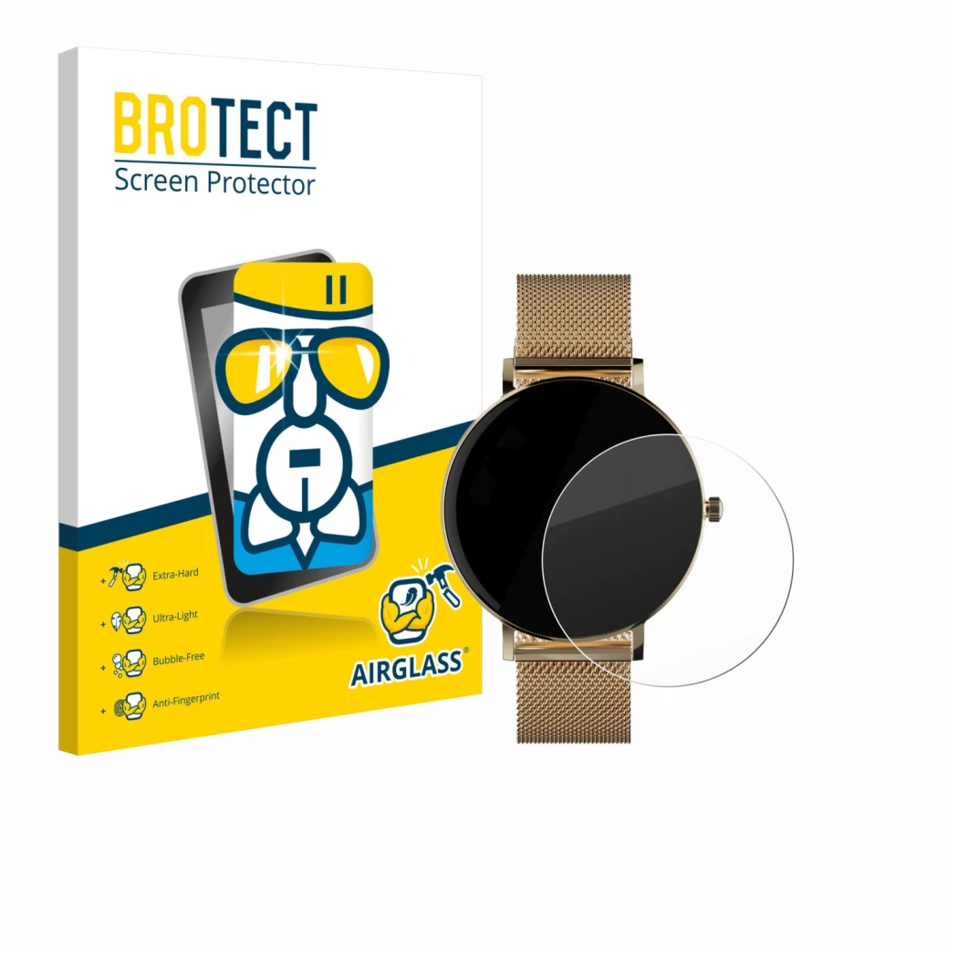 Parte frontal de un envase de producto con el logotipo de la marca BROTECT. Al lado se muestra el dispositivo ZenWatch Venice 