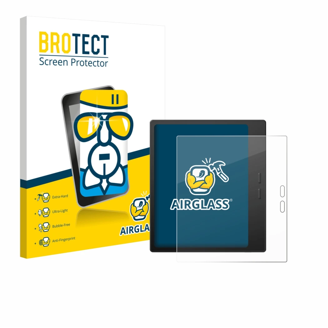 Parte frontal de un envase de producto con el logotipo de la marca BROTECT. Al lado se muestra el dispositivo Boox Go 7 con su