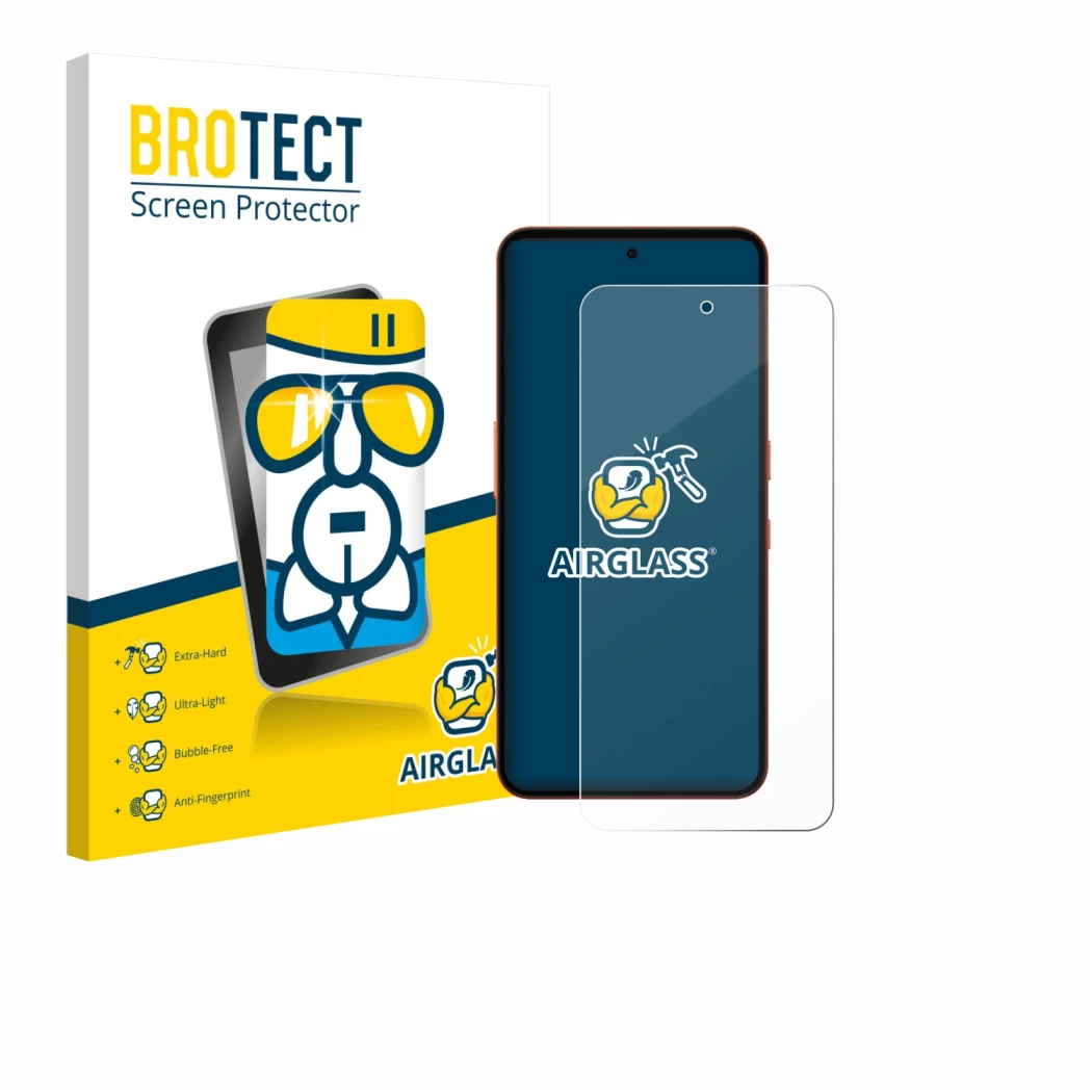 Parte frontal de un envase de producto con el logotipo de la marca BROTECT. Al lado se muestra el dispositivo Nothing CMF Phon