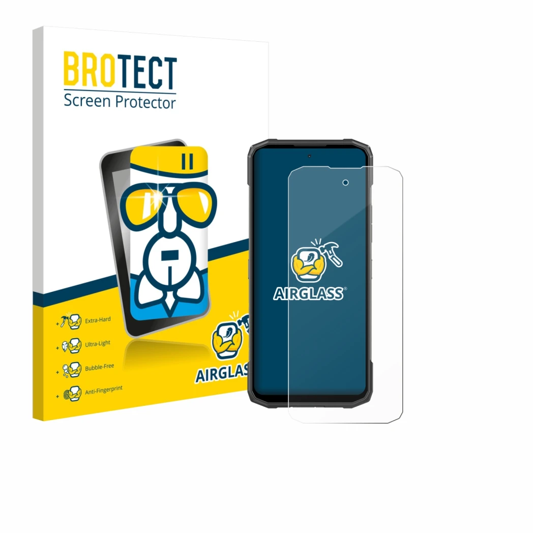 Parte frontal de un envase de producto con el logotipo de la marca BROTECT. Al lado se muestra el dispositivo Doogee Blade 20 