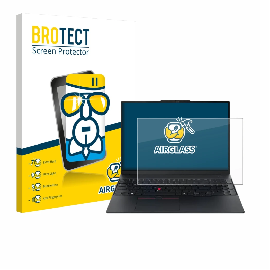 Parte frontal de un envase de producto con el logotipo de la marca BROTECT. Al lado se muestra el dispositivo Lenovo ThinkPad 