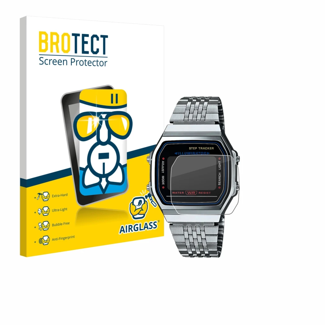 Parte frontal de un envase de producto con el logotipo de la marca BROTECT. Al lado se muestra el dispositivo Casio iconic ABL