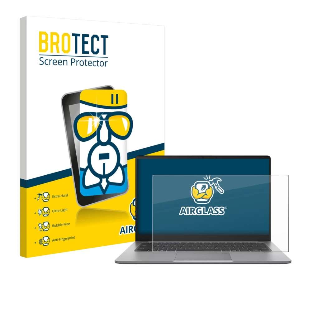 Parte frontal de un envase de producto con el logotipo de la marca BROTECT. Al lado se muestra el dispositivo ASUS ExpertBook 