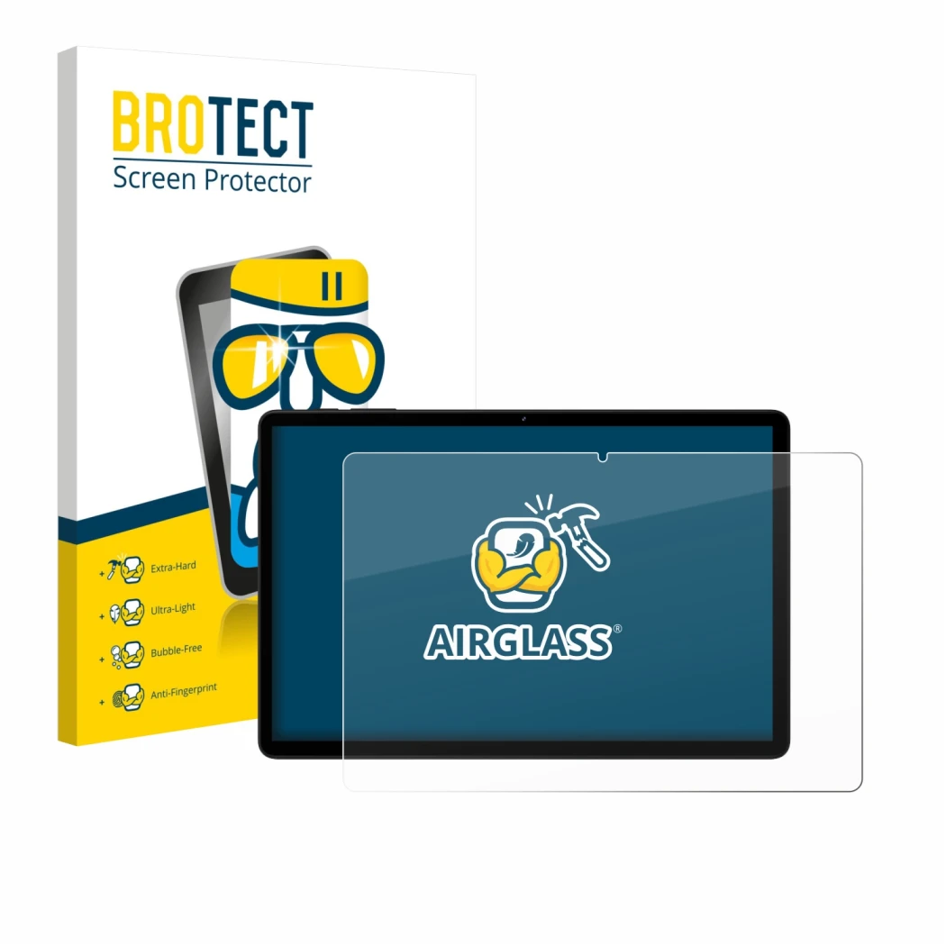 Parte frontal de un envase de producto con el logotipo de la marca BROTECT. Al lado se muestra el dispositivo Doogee Tab G6 co