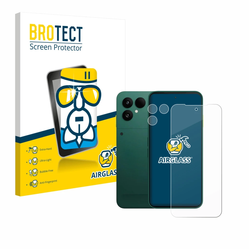 Parte frontal de un envase de producto con el logotipo de la marca BROTECT. Al lado se muestra el dispositivo Fairphone 6 (Fro