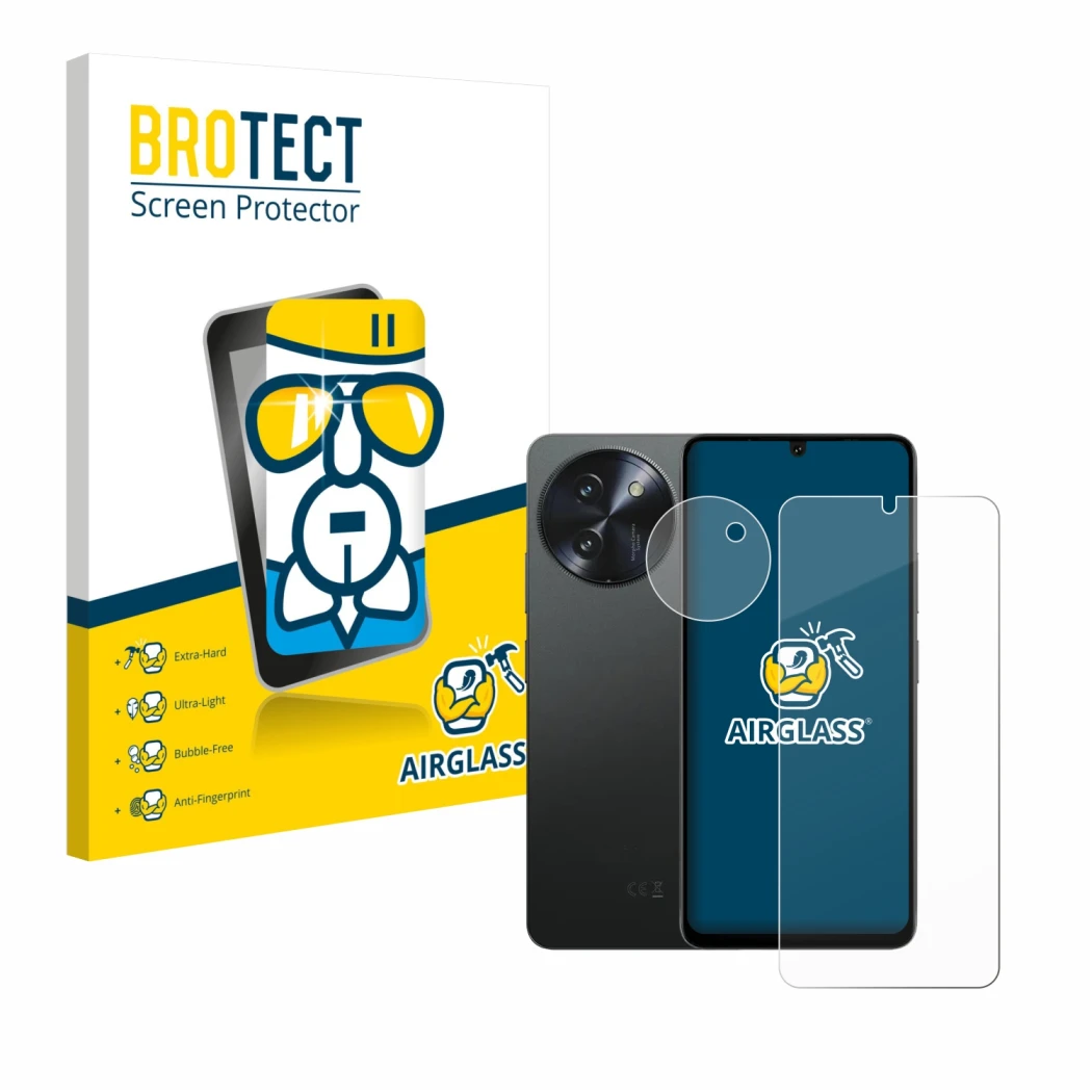 Parte frontal de un envase de producto con el logotipo de la marca BROTECT. Al lado se muestra el dispositivo Doogee Note 59 P