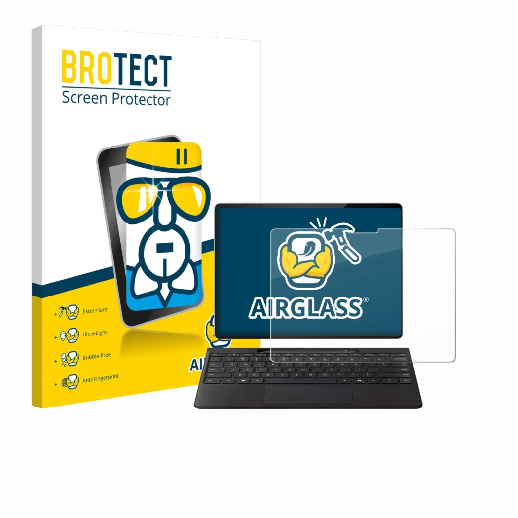 Parte frontal de un envase de producto con el logotipo de la marca BROTECT. Al lado se muestra el dispositivo Microsoft Surfac