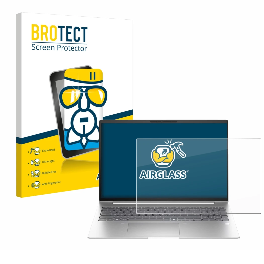 Parte frontal de un envase de producto con el logotipo de la marca BROTECT. Al lado se muestra el dispositivo HP EliteBook 6 G