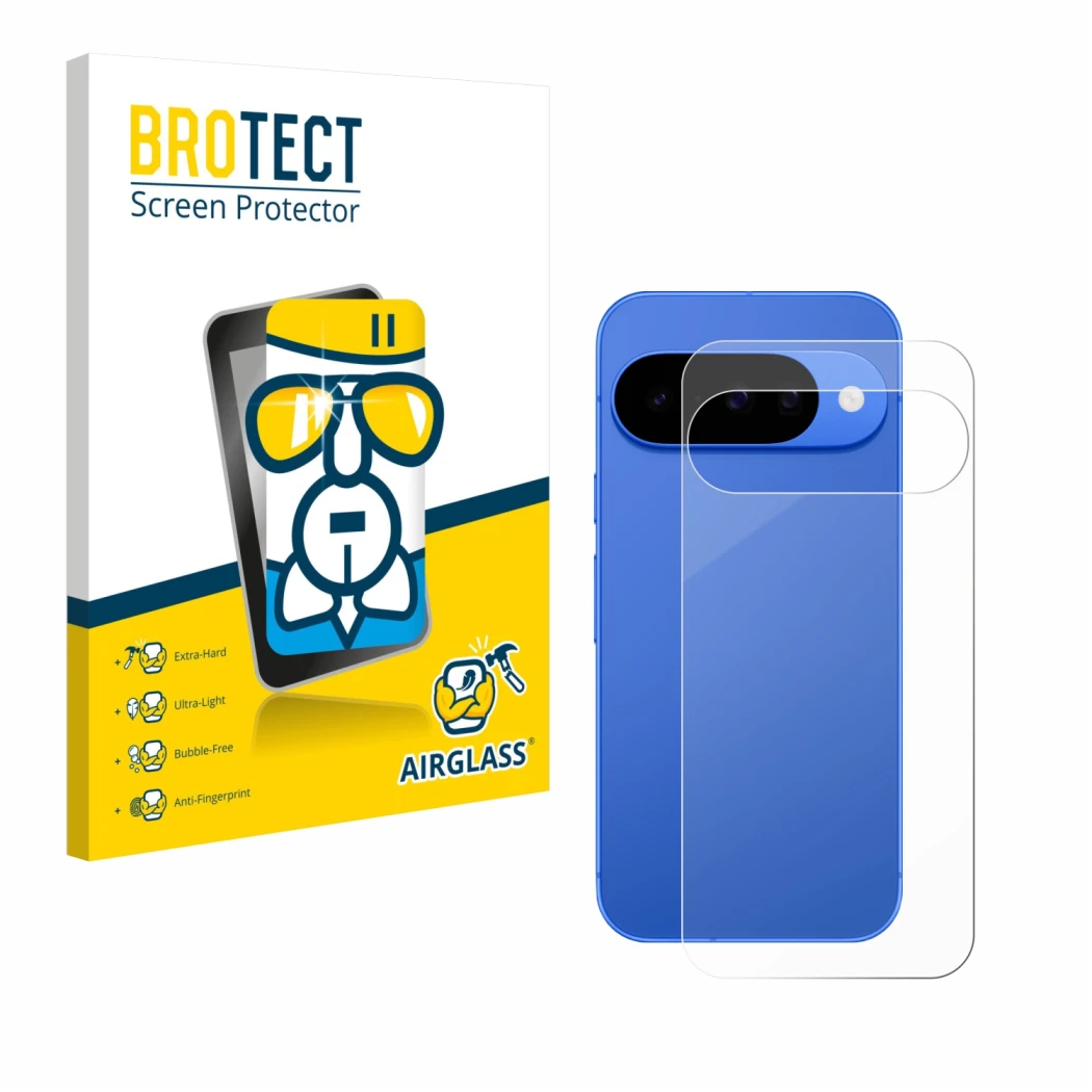 Parte frontal de un envase de producto con el logotipo de la marca BROTECT. Al lado se muestra el dispositivo Google Pixel 10 