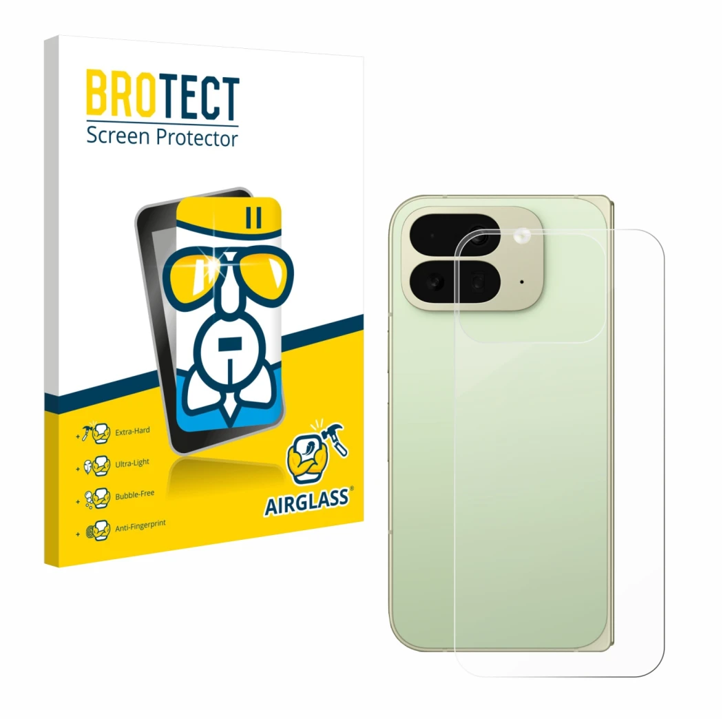 Parte frontal de un envase de producto con el logotipo de la marca BROTECT. Al lado se muestra el dispositivo Google Pixel 10 