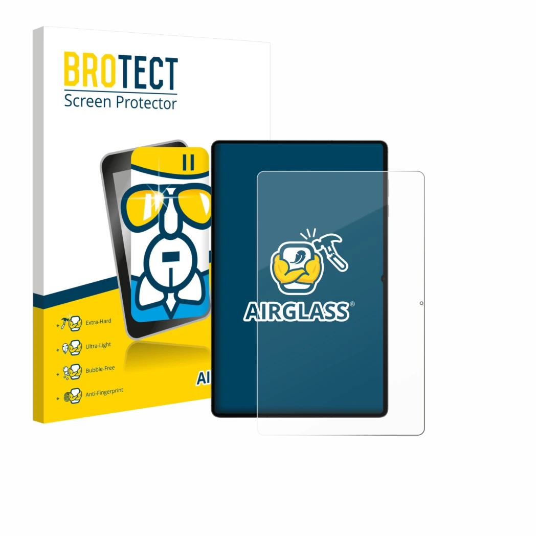 Parte frontal de un envase de producto con el logotipo de la marca BROTECT. Al lado se muestra el dispositivo Samsung Galaxy T