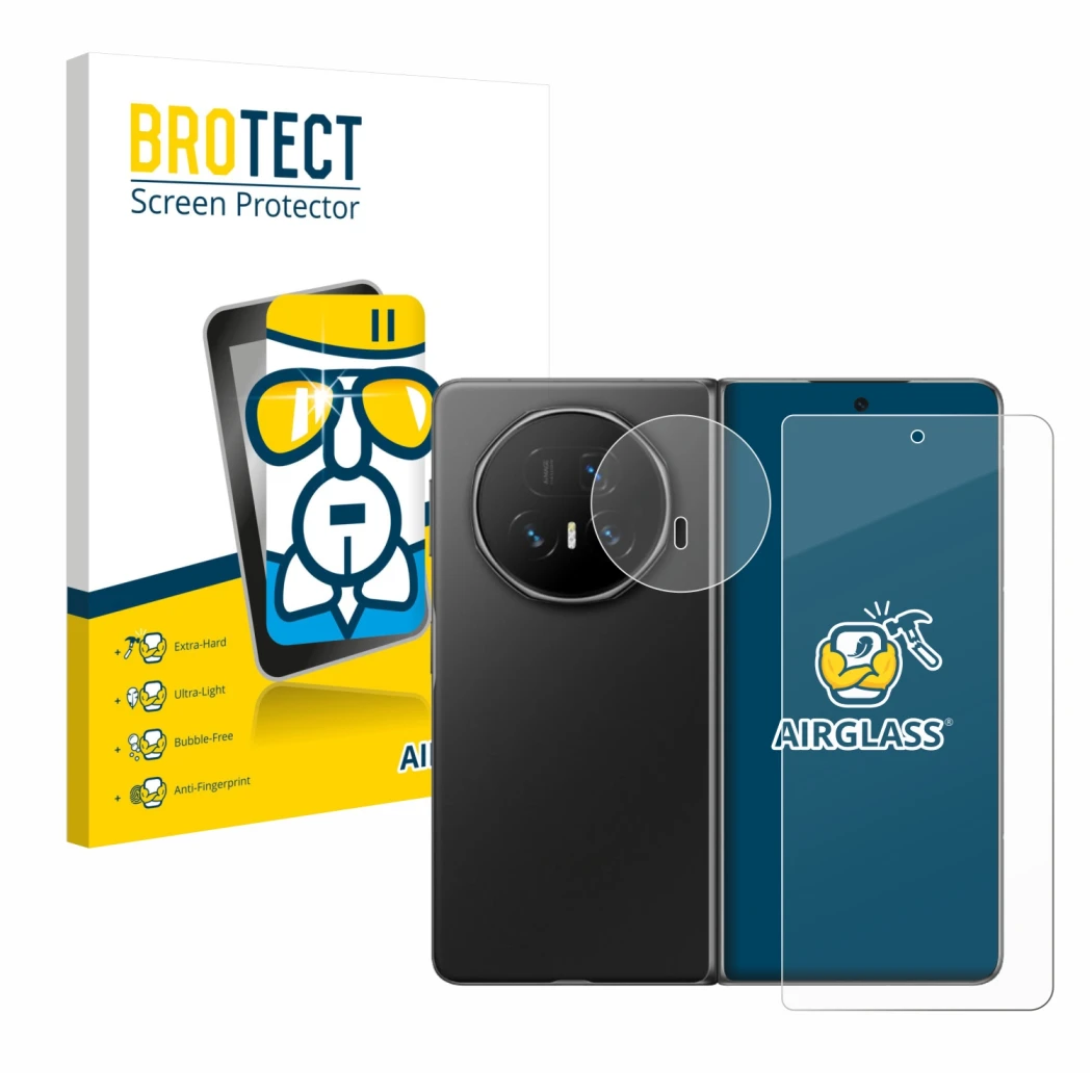 Parte frontal de un envase de producto con el logotipo de la marca BROTECT. Al lado se muestra el dispositivo Honor Magic V5 (