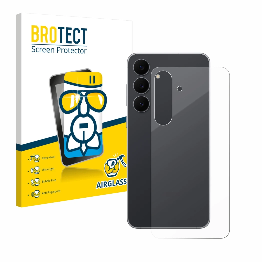 Parte frontal de un envase de producto con el logotipo de la marca BROTECT. Al lado se muestra el dispositivo Samsung Galaxy S