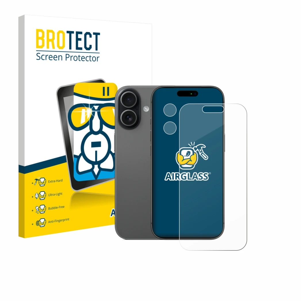 Parte frontal de un envase de producto con el logotipo de la marca BROTECT. Al lado se muestra el dispositivo Apple iPhone 17 