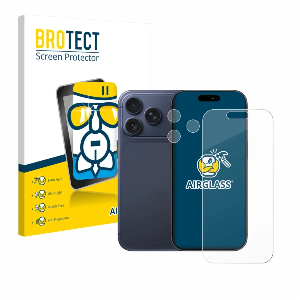 Parte frontal de un envase de producto con el logotipo de la marca BROTECT. Al lado se muestra el dispositivo Apple iPhone 17