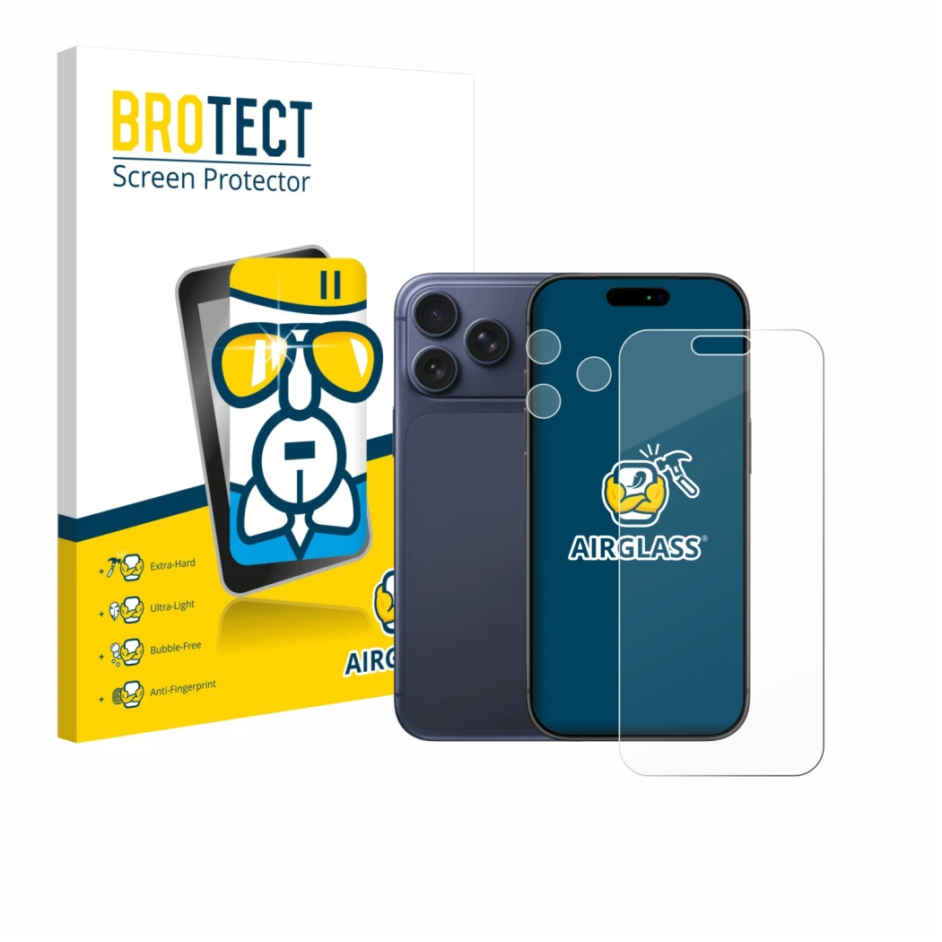 Parte frontal de un envase de producto con el logotipo de la marca BROTECT. Al lado se muestra el dispositivo Apple iPhone 17 