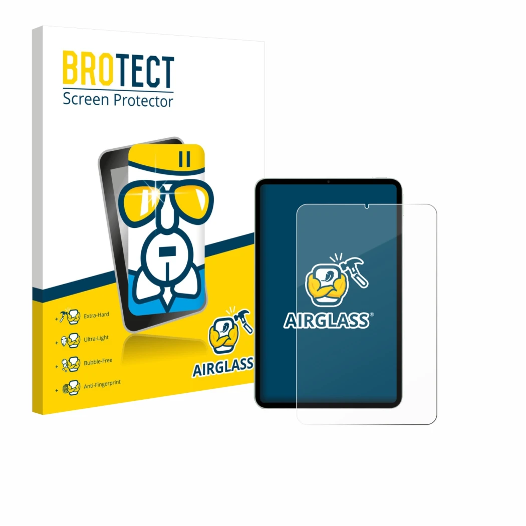 Parte frontal de un envase de producto con el logotipo de la marca BROTECT. Al lado se muestra el dispositivo Xiaomi Pad Mini 