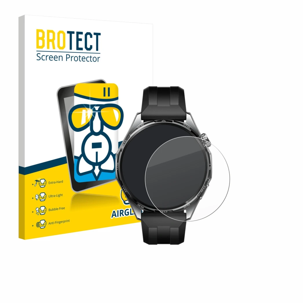 Parte frontal de un envase de producto con el logotipo de la marca BROTECT. Al lado se muestra el dispositivo Huawei Watch GT 