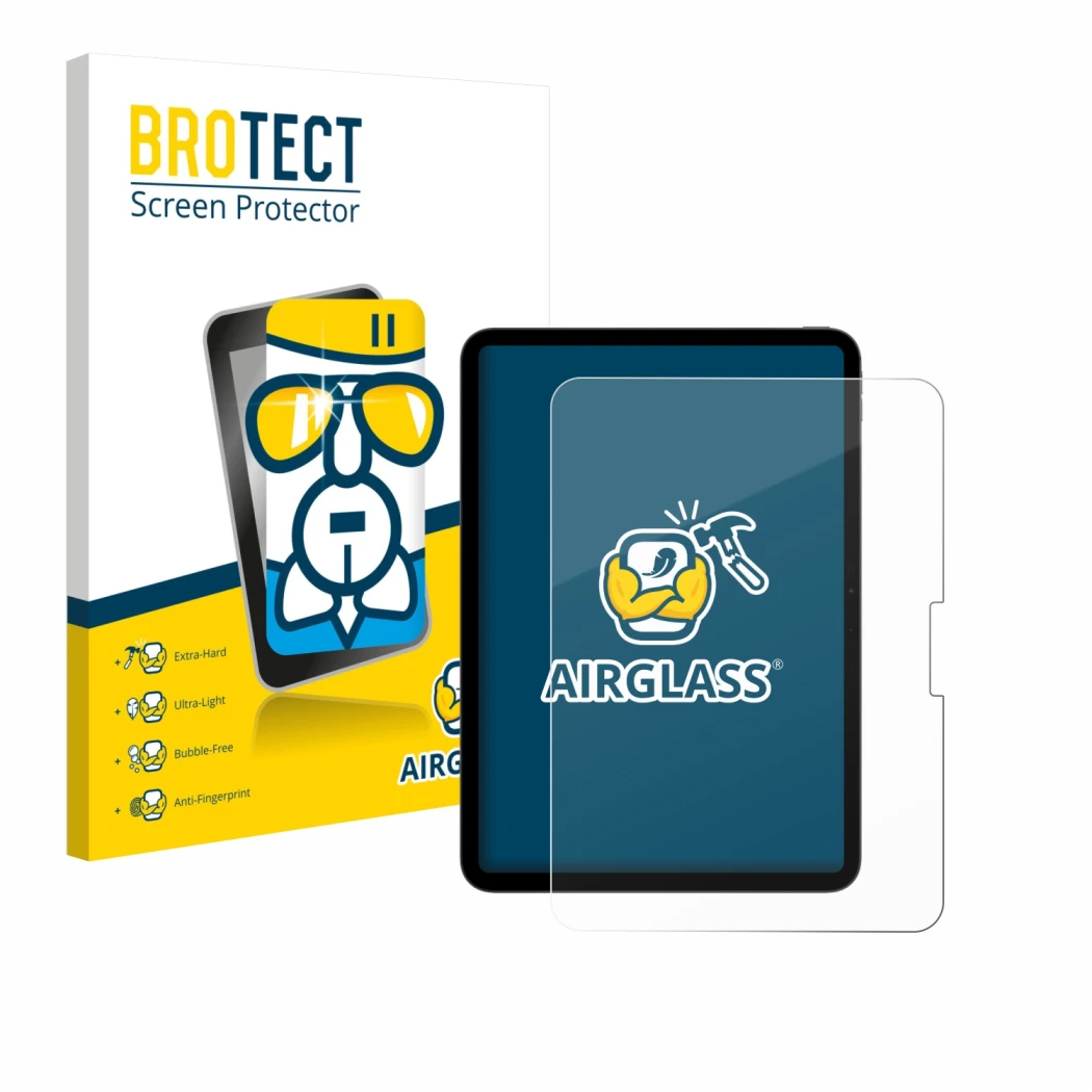 Parte frontal de un envase de producto con el logotipo de la marca BROTECT. Al lado se muestra el dispositivo Apple iPad Pro 1