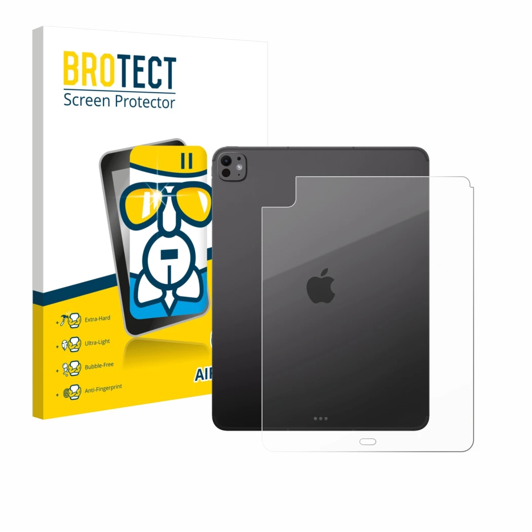 Parte frontal de un envase de producto con el logotipo de la marca BROTECT. Al lado se muestra el dispositivo Apple iPad Pro 1
