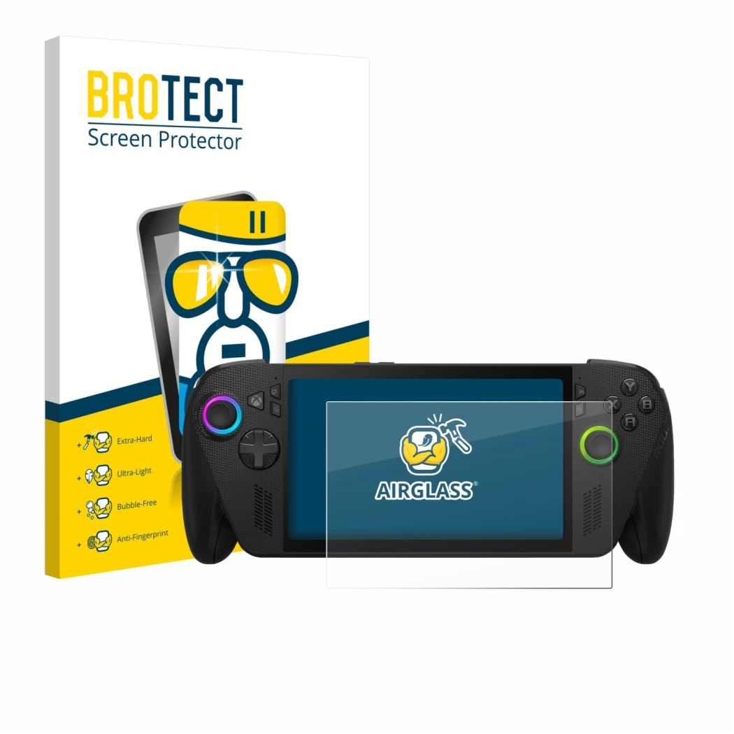 Parte frontal de un envase de producto con el logotipo de la marca BROTECT. Al lado se muestra el dispositivo ASUS ROG Xbox Al