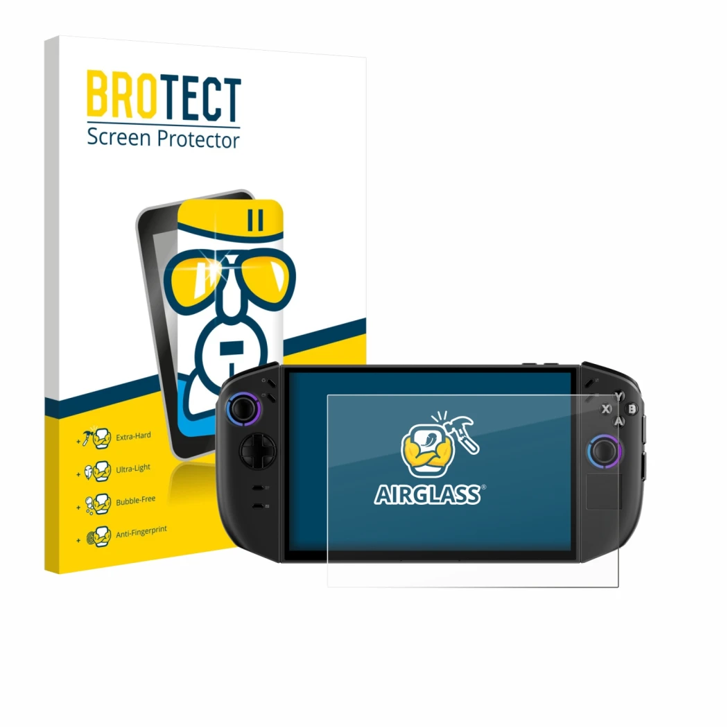 Parte frontal de un envase de producto con el logotipo de la marca BROTECT. Al lado se muestra el dispositivo Lenovo Legion Go