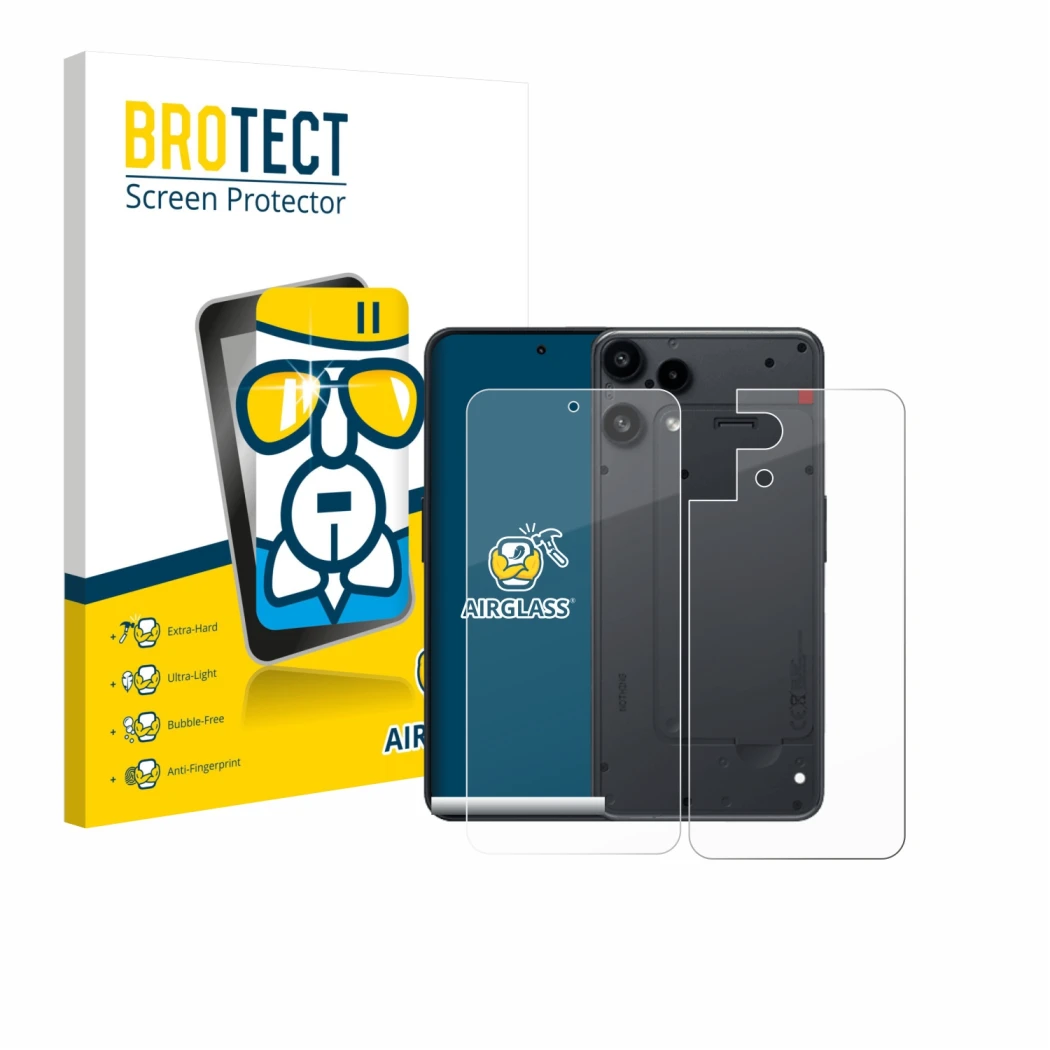 Parte frontal de un envase de producto con el logotipo de la marca BROTECT. Al lado se muestra el dispositivo Nothing Phone (3