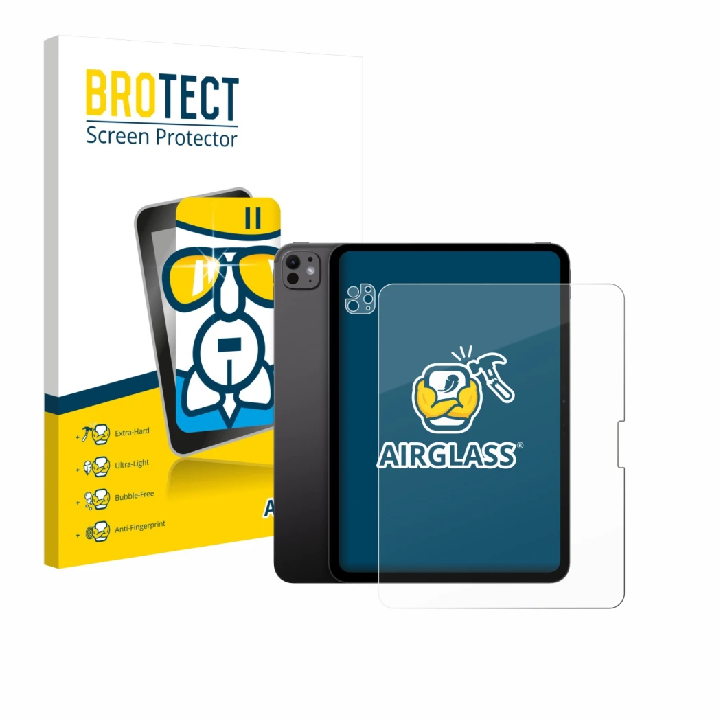 Parte frontal de un envase de producto con el logotipo de la marca BROTECT. Al lado se muestra el dispositivo Apple iPad Pro 1