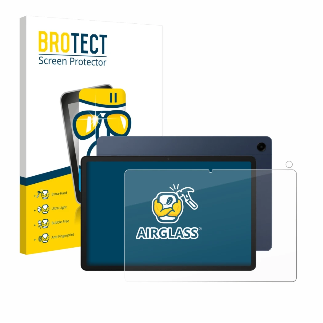 Parte frontal de un envase de producto con el logotipo de la marca BROTECT. Al lado se muestra el dispositivo Samsung Galaxy T