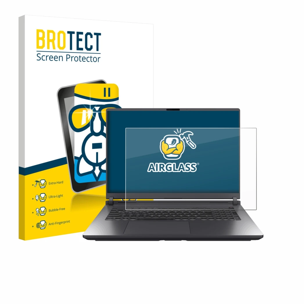 Parte frontal de un envase de producto con el logotipo de la marca BROTECT. Al lado se muestra el dispositivo ASUS ROG Strix G