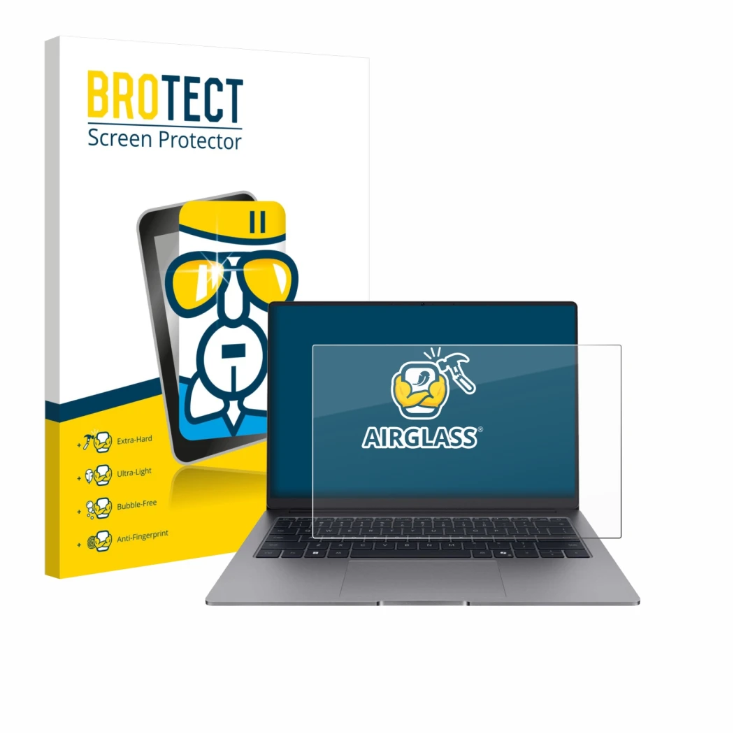 Parte frontal de un envase de producto con el logotipo de la marca BROTECT. Al lado se muestra el dispositivo Honor MagicBook