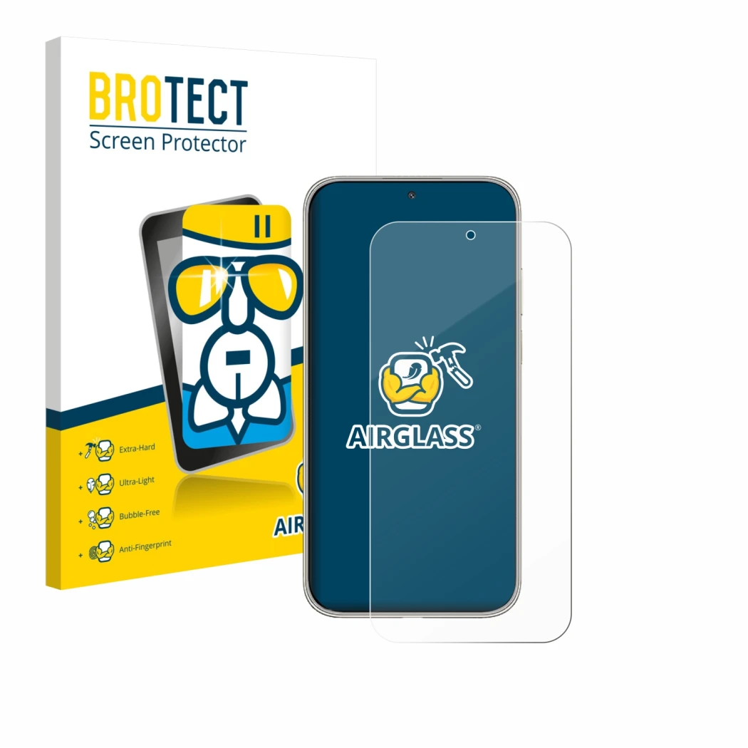 Parte frontal de un envase de producto con el logotipo de la marca BROTECT. Al lado se muestra el dispositivo Huawei Mate 70 A