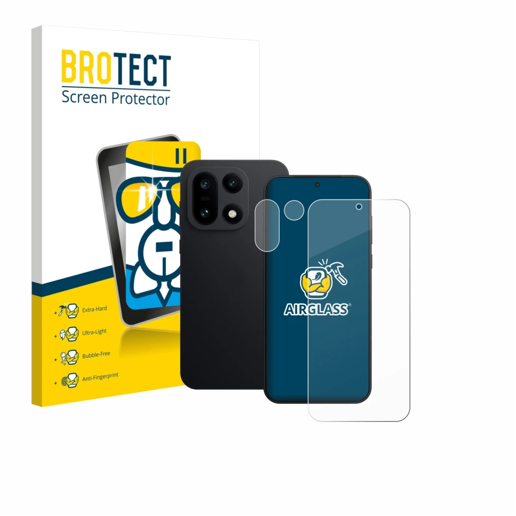 Parte frontal de un envase de producto con el logotipo de la marca BROTECT. Al lado se muestra el dispositivo OnePlus 15 (Fron