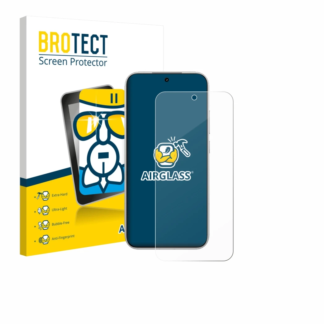 Parte frontal de un envase de producto con el logotipo de la marca BROTECT. Al lado se muestra el dispositivo Xiaomi Poco F8 P