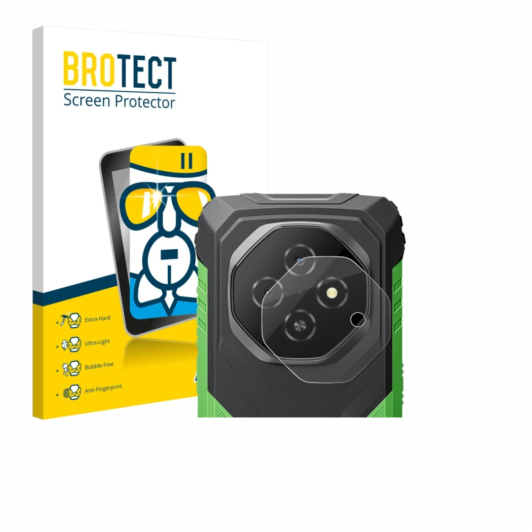 Parte frontal de un envase de producto con el logotipo de la marca BROTECT. Al lado se muestra el dispositivo Blackview Fort 1